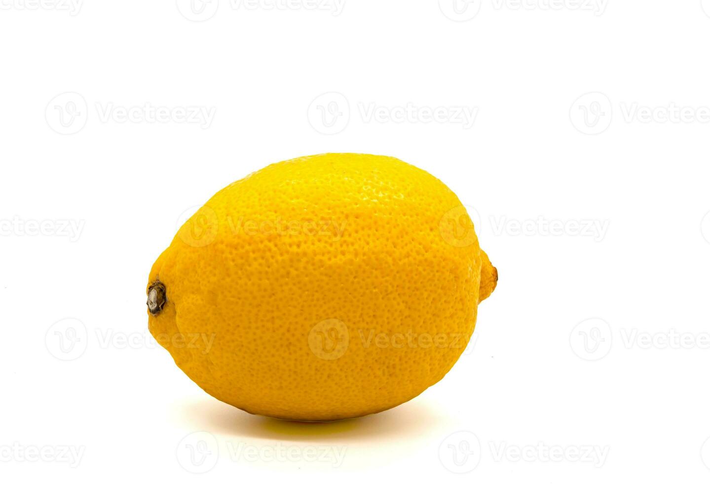 Sour yellow lemon with textured rind on white background with shadow. photo