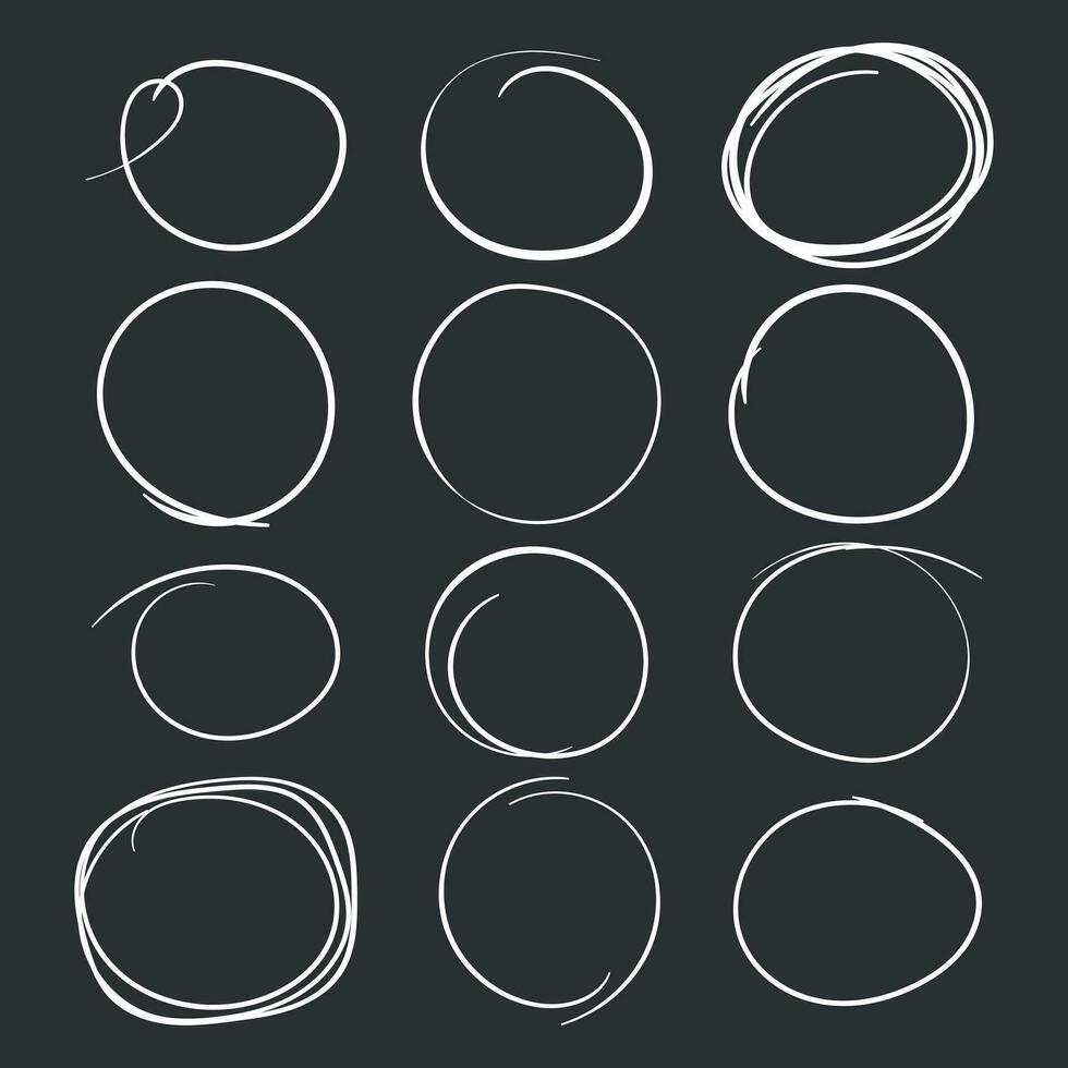 Set of the hand drawn scribble circles. Vector element. Illustration on black background.