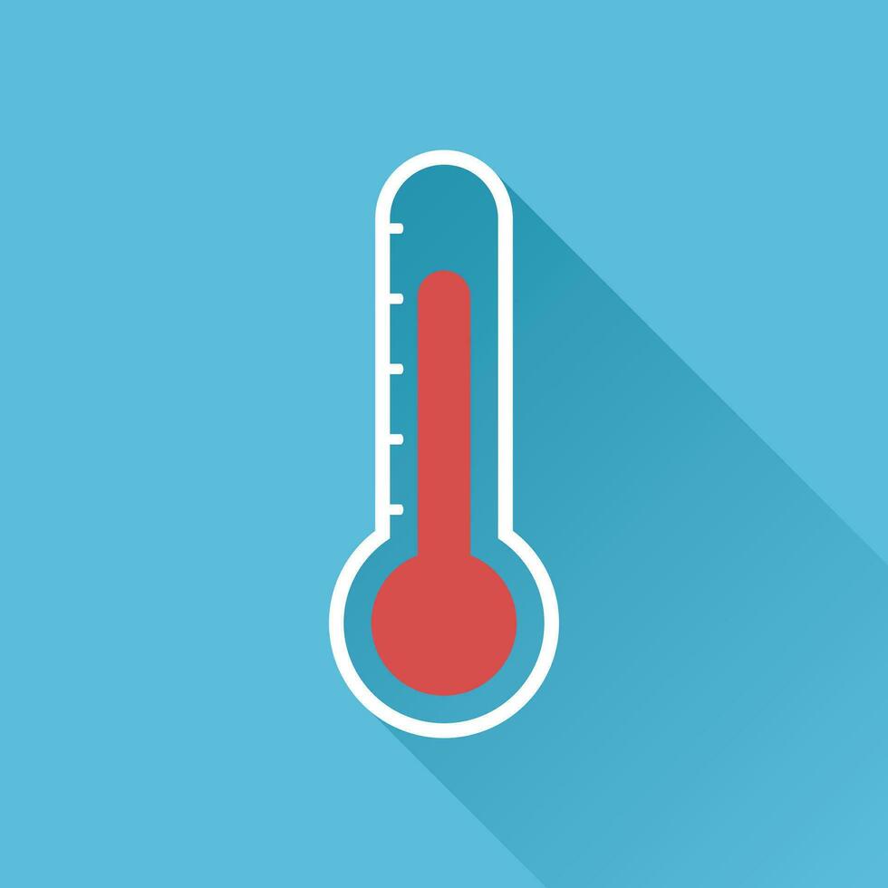 Thermometer icon. Goal flat vector illustration isolated on blue background with long shadow.