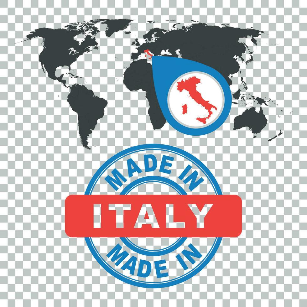 Made in Italy stamp. World map with red country. Vector emblem in flat style on isolated background.