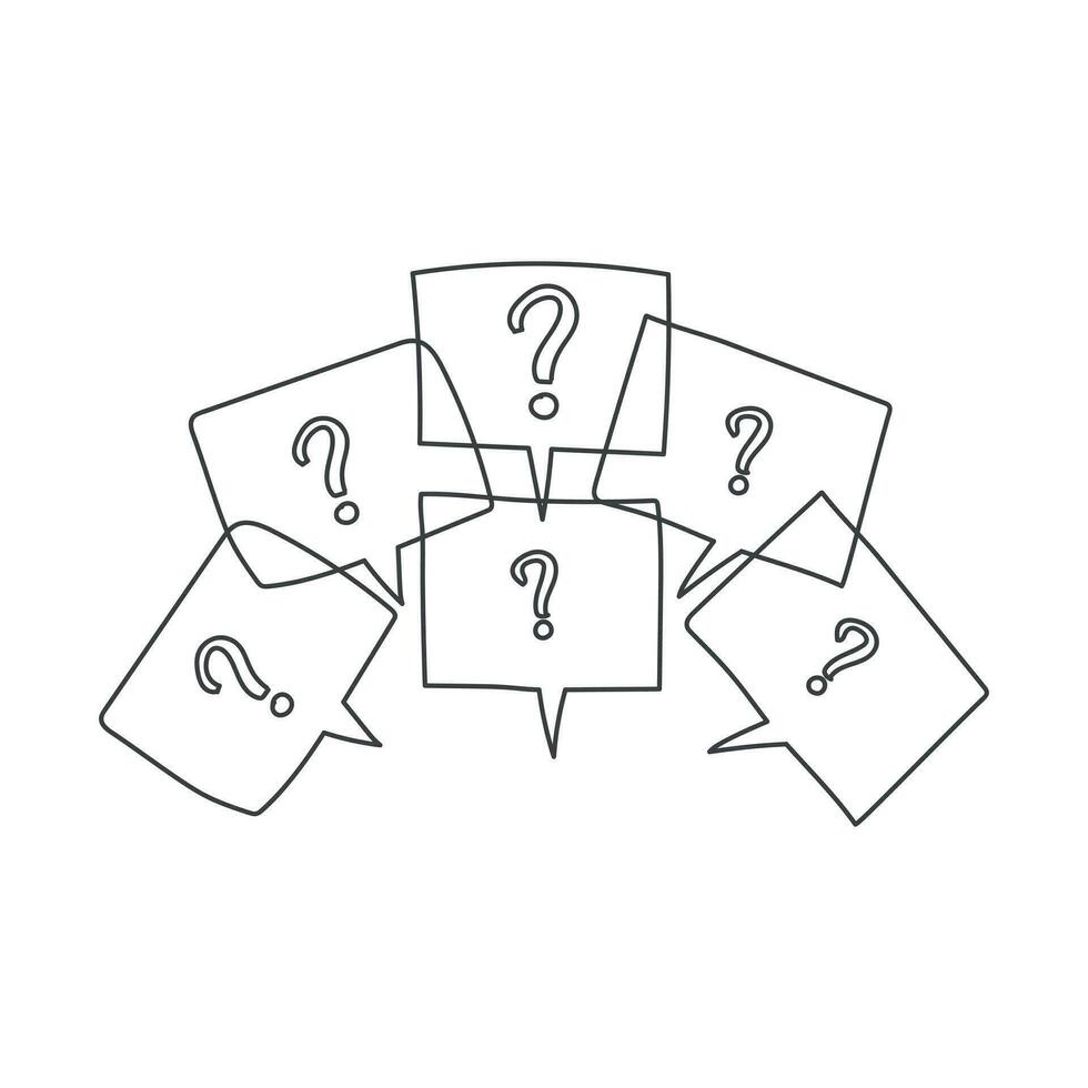 Question marks in thought bubbles. Hand drawn line art cartoon vector illustration on white background.
