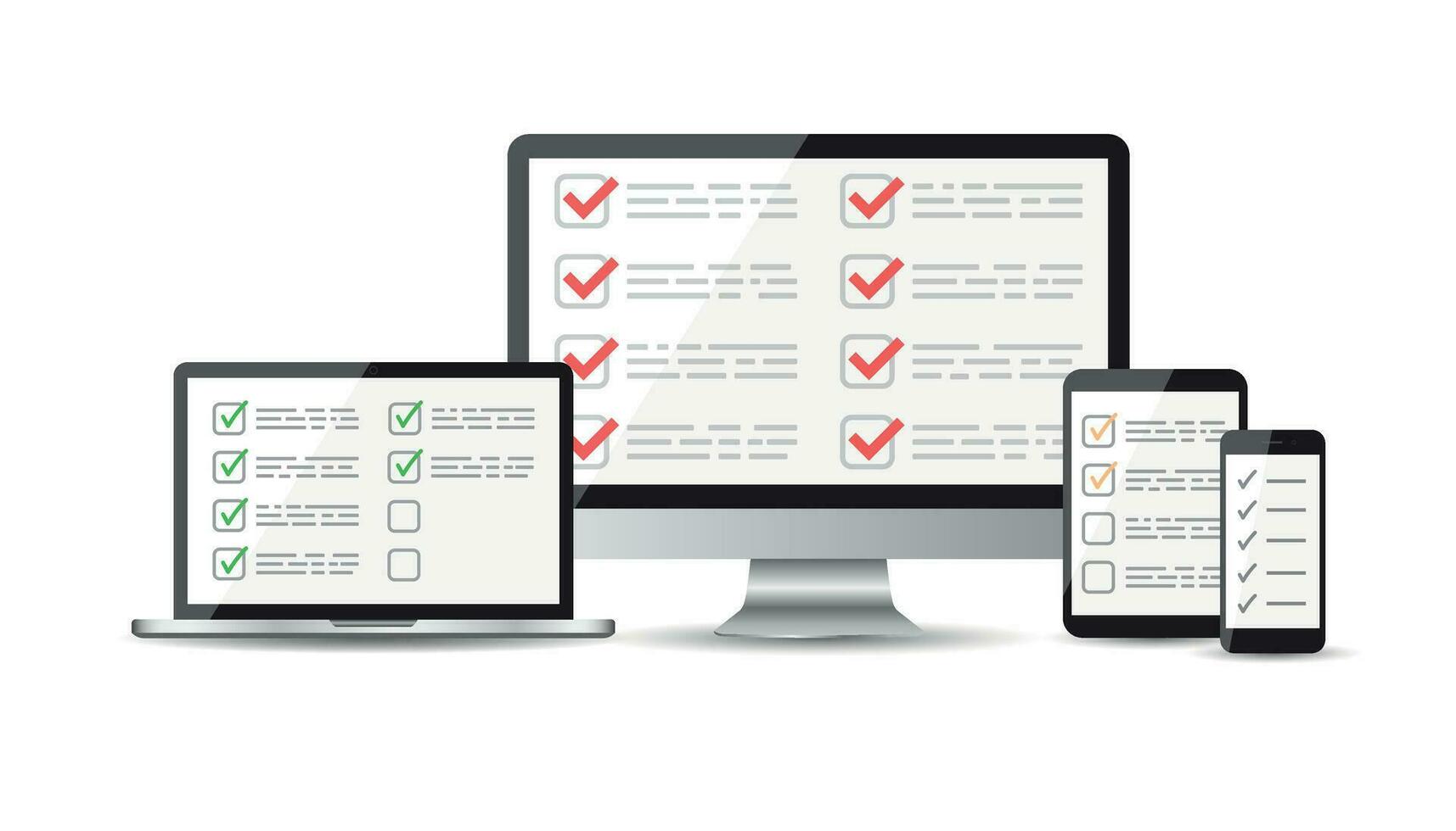 en línea encuesta, Lista de Verificación colocar. tableta, computadora, móvil blanco pantalla. realimentación negocio concepto. plano vector ilustración para web sitio, móvil aplicación