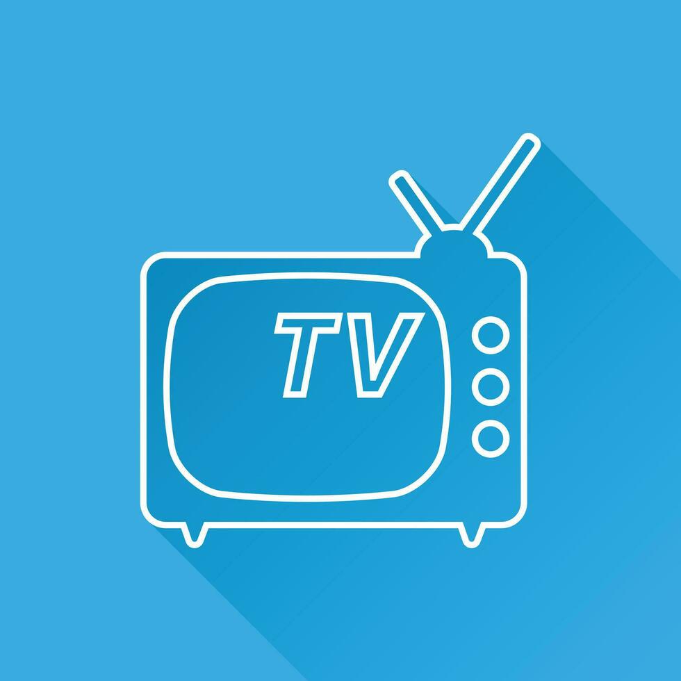 Tv Icon vector illustration in line style isolated on blue background with long shadow. Television symbol for web site design, logo, app, ui.