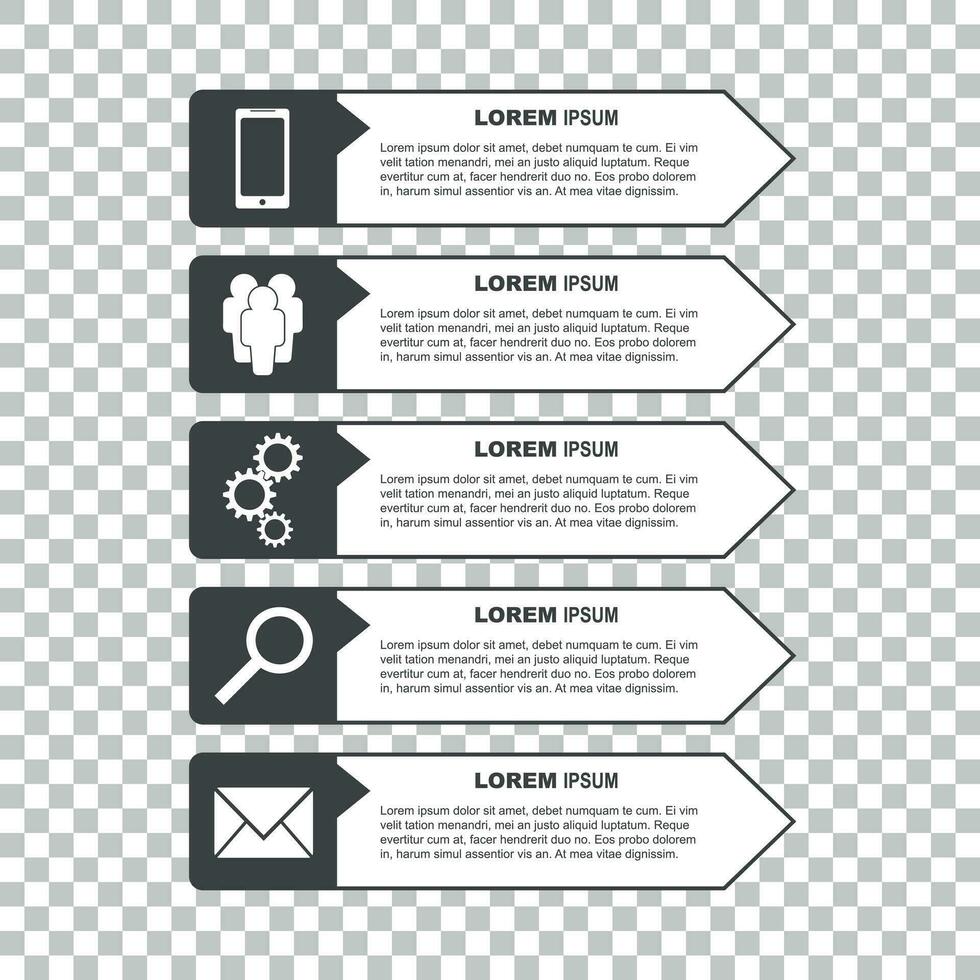 Infographic templates with smartphone, people, gear, magnifier and sms message for business. Black and white flat vector illustration