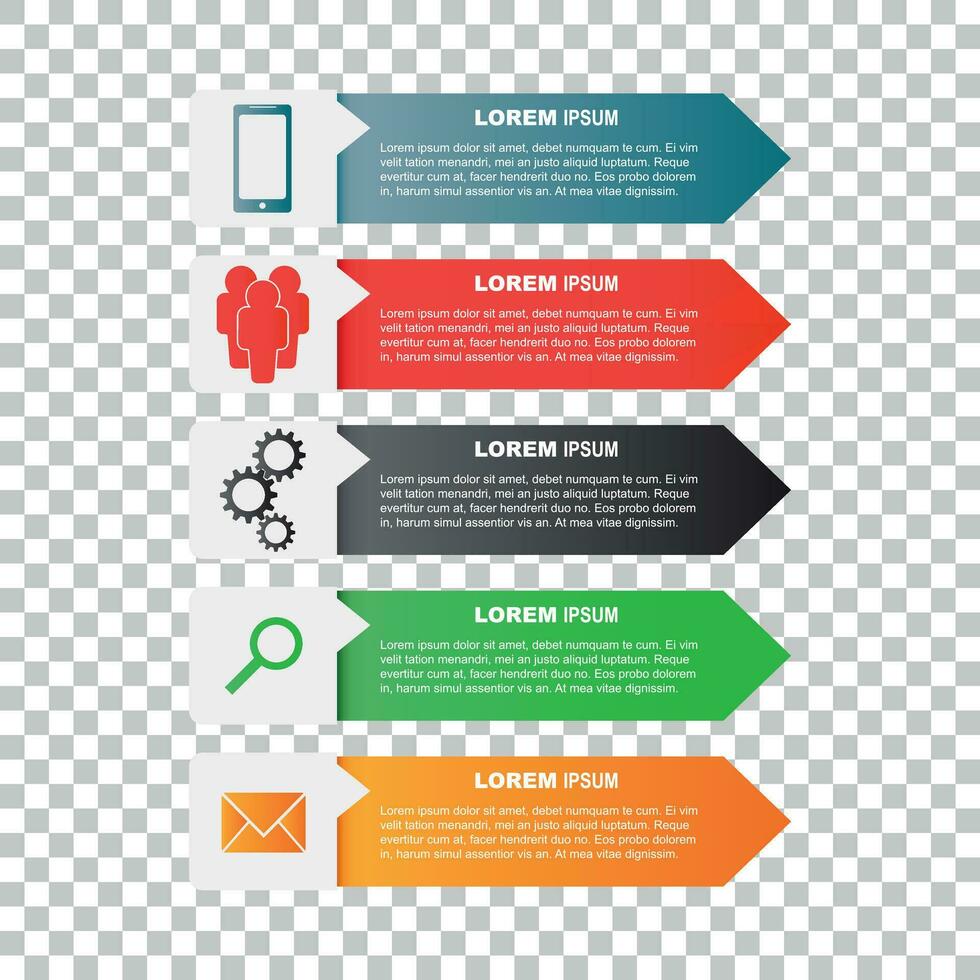 infografía plantillas con teléfono inteligente, gente, engranaje, lupa y SMS mensaje para negocio. color plano vector ilustración