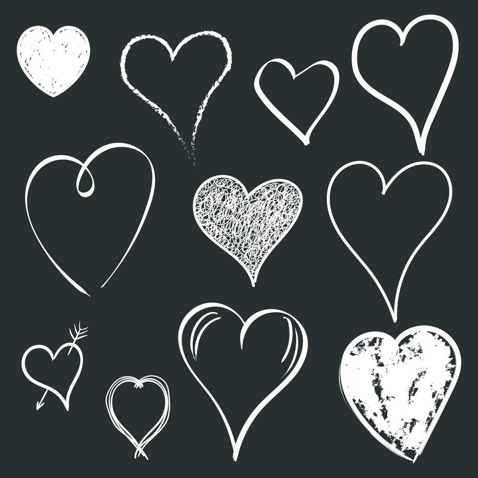 Hearts icon set. Love hand drawn vector illustration on black background.