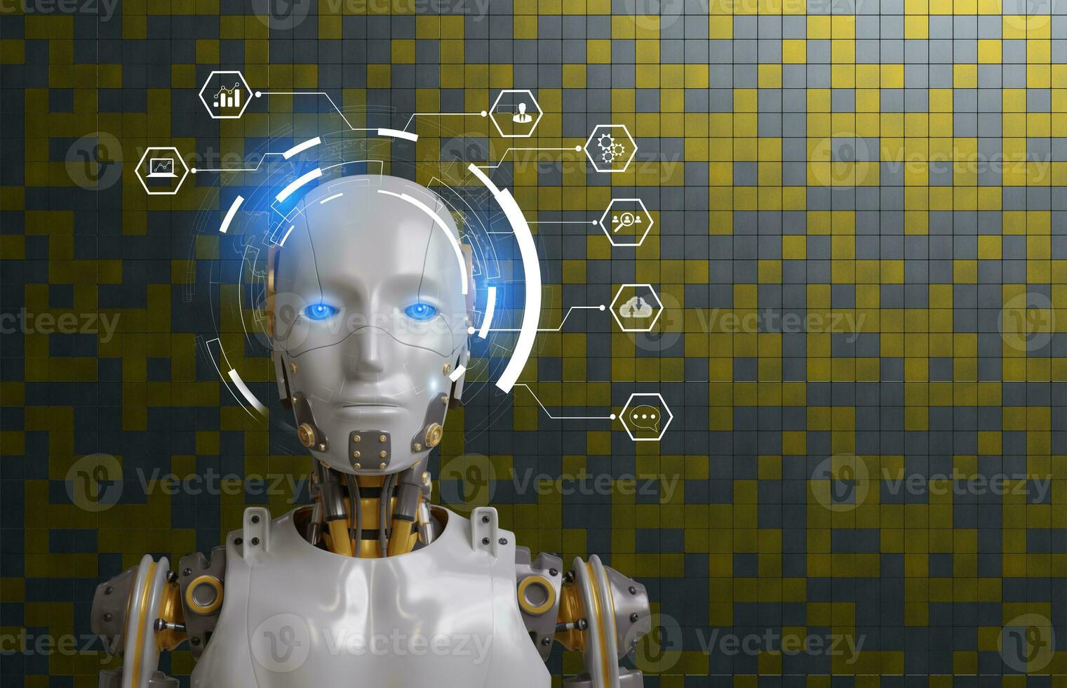 White woman robot on blurred background using digital network connection 3D rendering photo