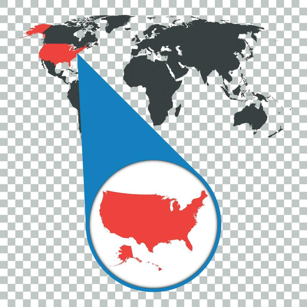 World map with zoom on USA. America map in loupe. Vector illustration in flat style