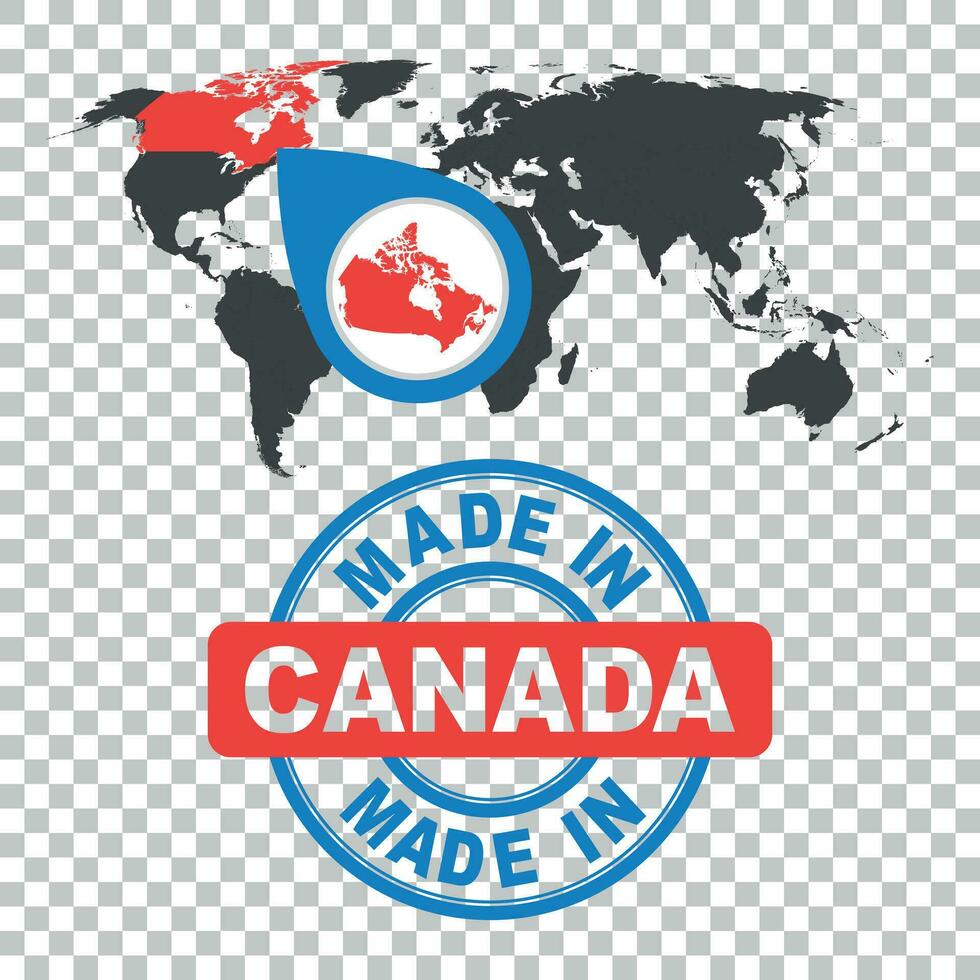 hecho en Canadá estampilla. mundo mapa con rojo país. vector emblema en plano estilo en aislado antecedentes.