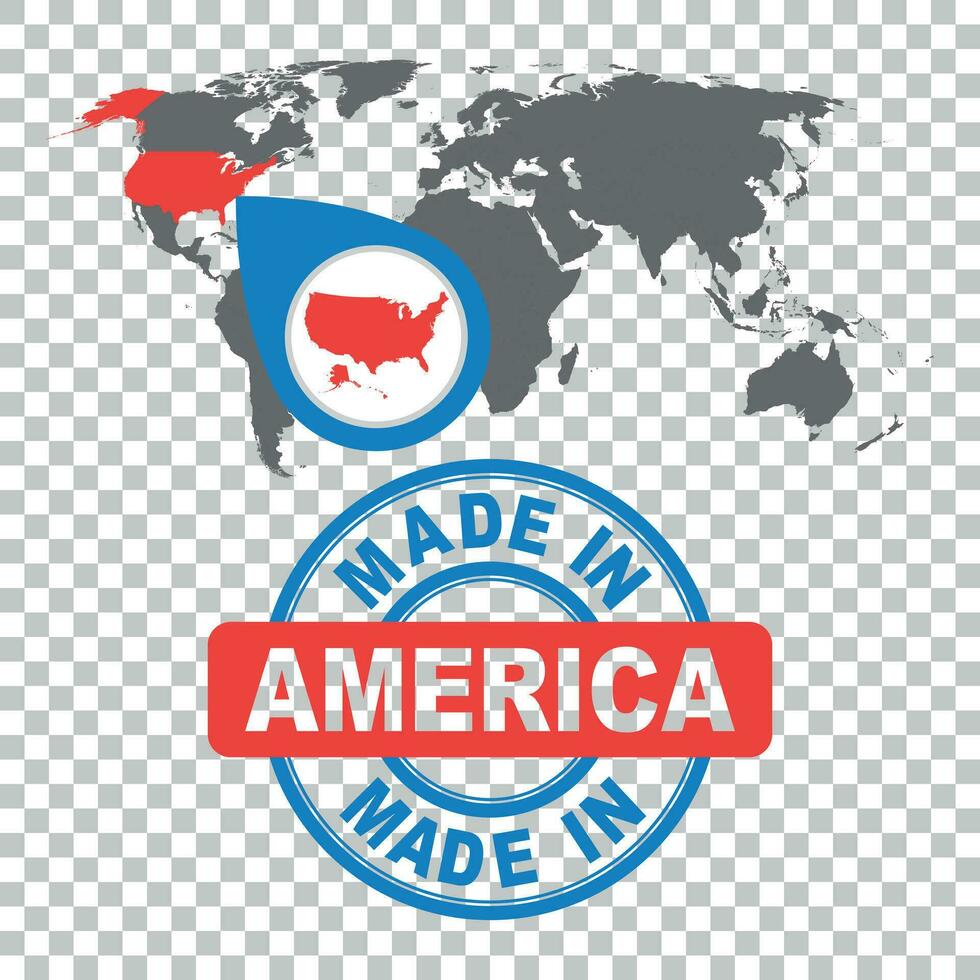 Made in America, USA stamp. World map with red country. Vector emblem in flat style on isolated background.