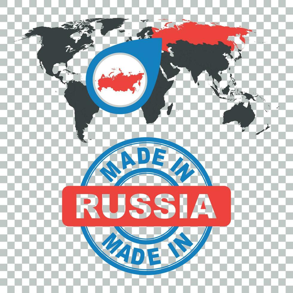 Made in Russia stamp. World map with red country. Vector emblem in flat style on isolated background.