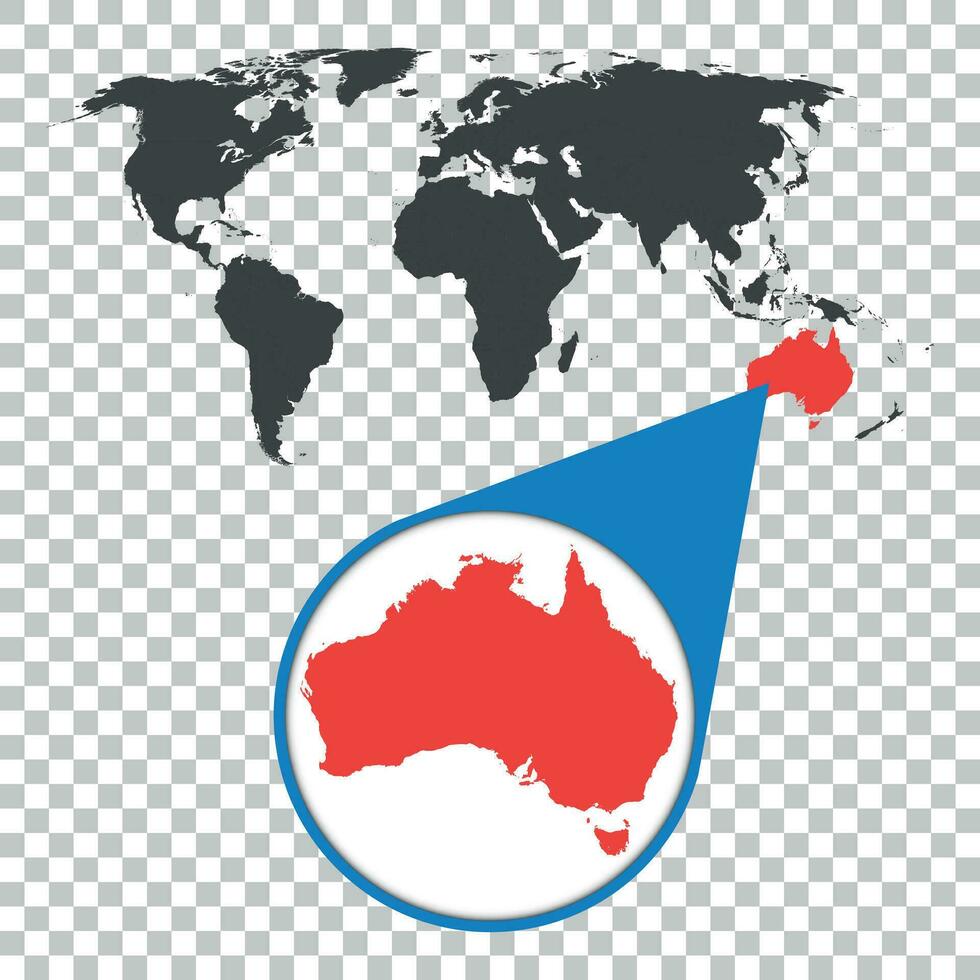 World map with zoom on Australia. Map in loupe. Vector illustration in flat style