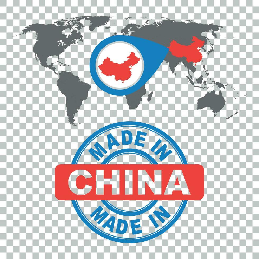 Made in China stamp. World map with red country. Vector emblem in flat style on isolated background.