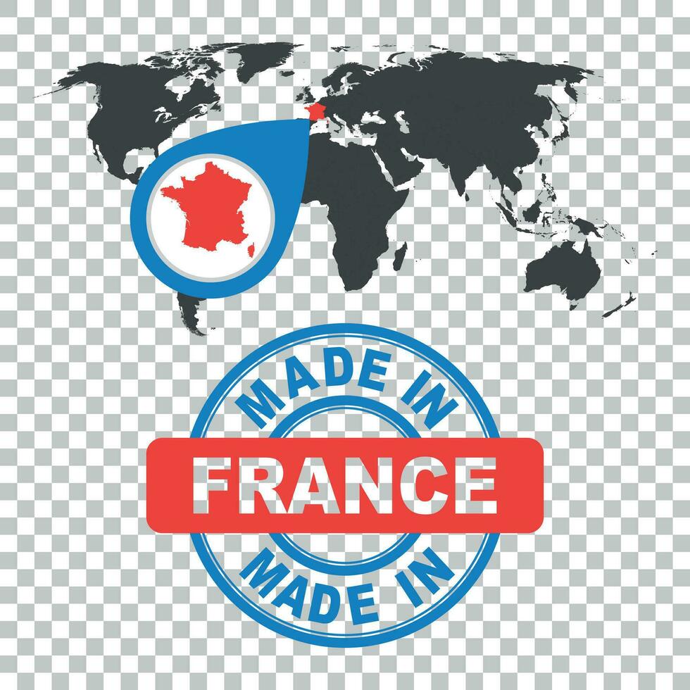 Made in France stamp. World map with red country. Vector emblem in flat style on isolated background.