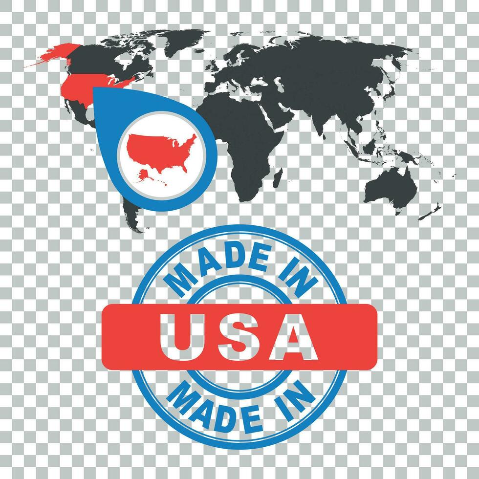 Made in USA, America stamp. World map with red country. Vector emblem in flat style on isolated background.