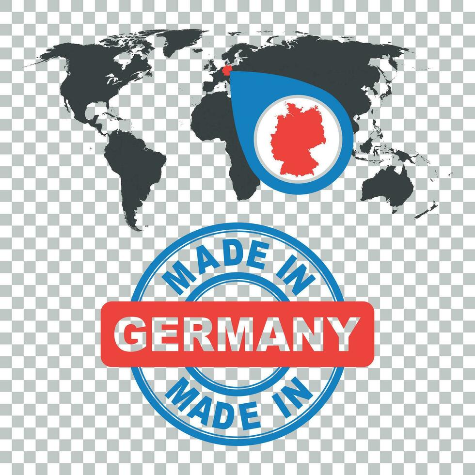 Made in Germany stamp. World map with red country. Vector emblem in flat style on isolated background.