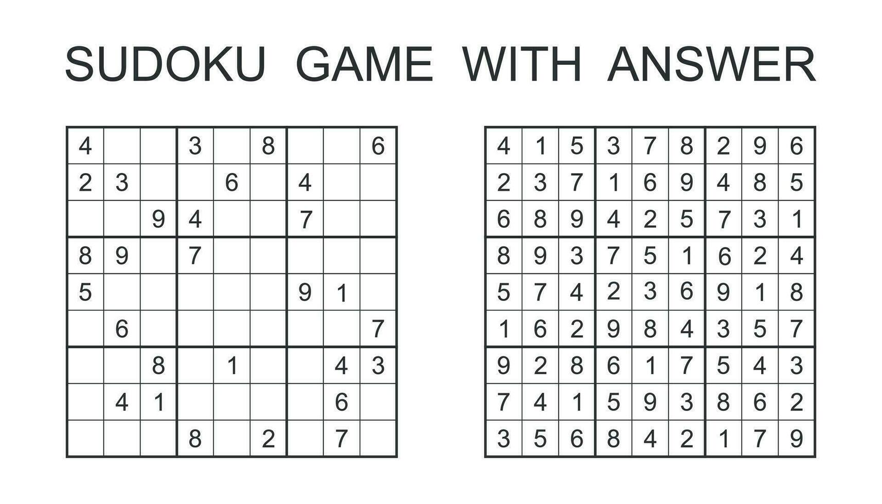 Sudoku game with answer. Vector puzzle game with numbers for kids and adults. Illustration on white background.