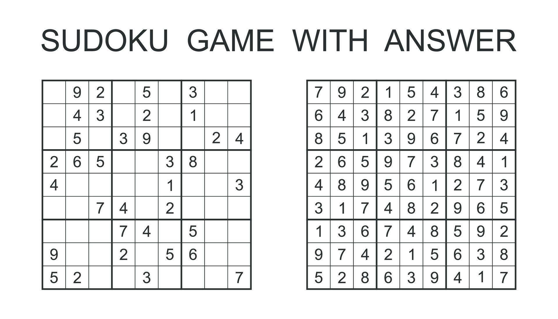 Sudoku game with answer. Vector puzzle game with numbers for kids and