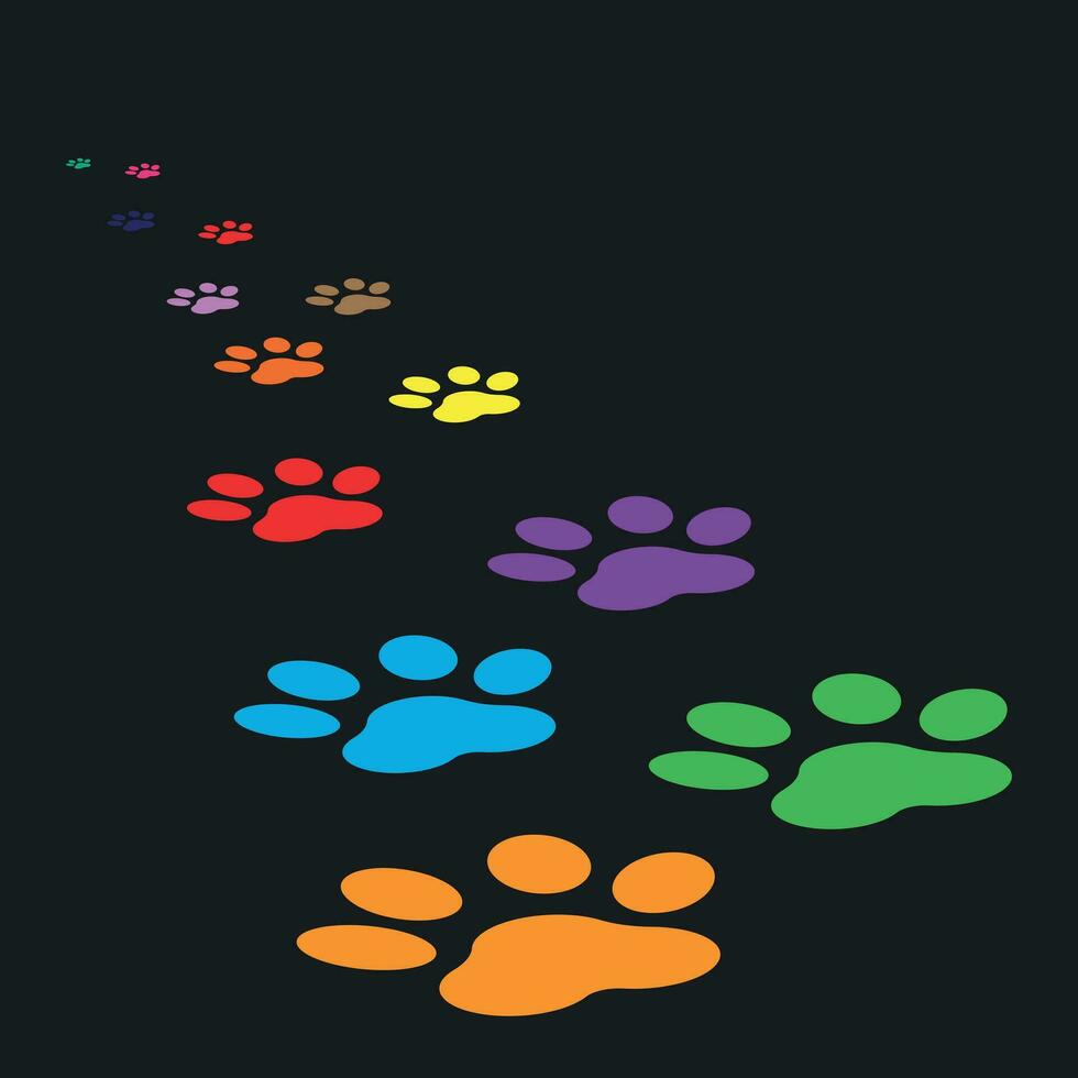 Colorful paw print icon vector illustration isolated on black background. Dog, cat, bear paw symbol flat pictogram.