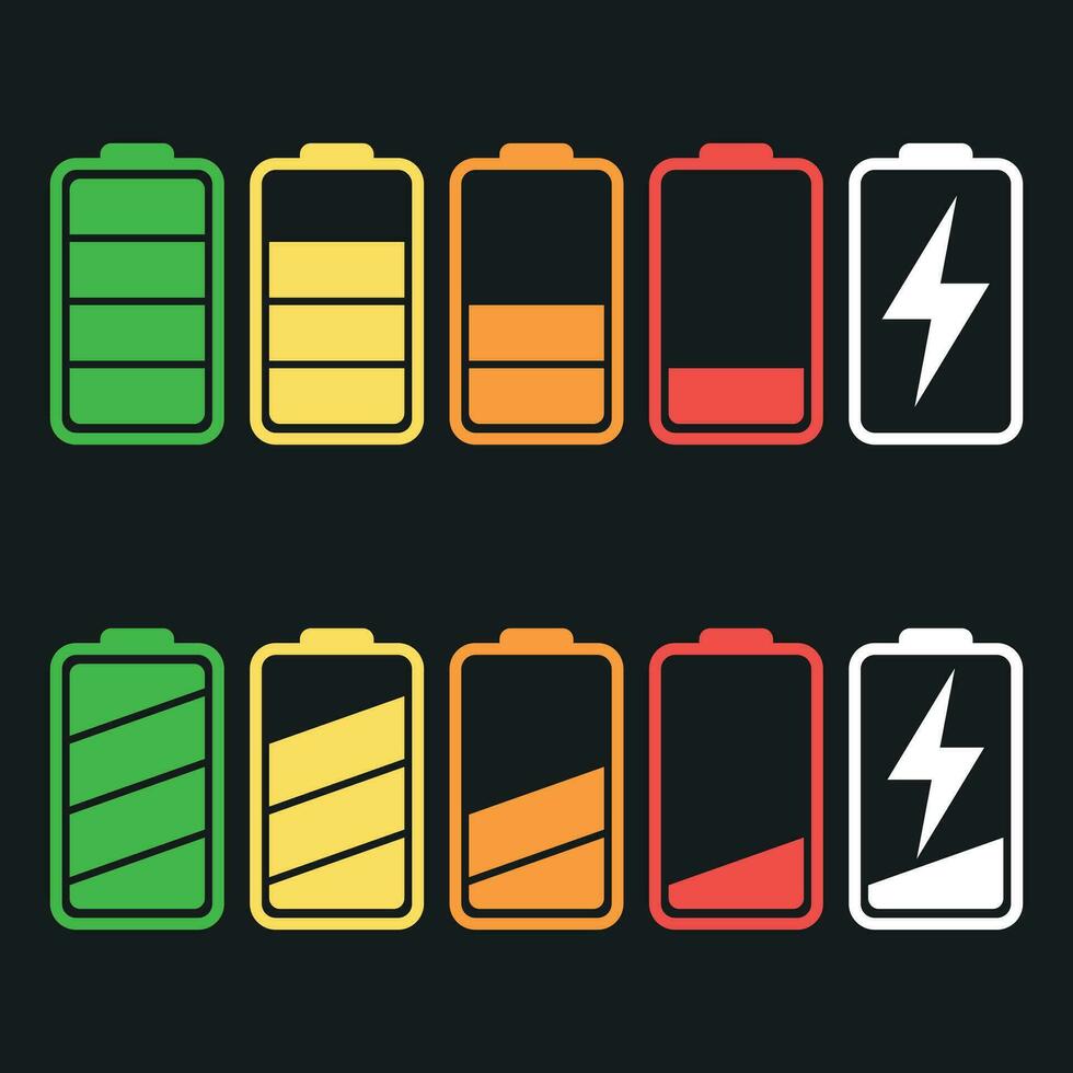 Battery icon vector set isolated on black background. Symbols of battery charge level, full and low. The degree of battery power flat vector illustration.