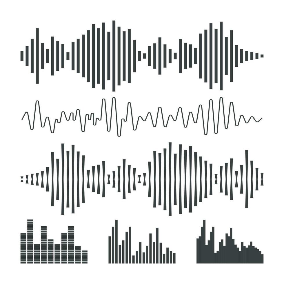 Vector sound waveforms icon. Sound waves and musical pulse vector illustration on white background.