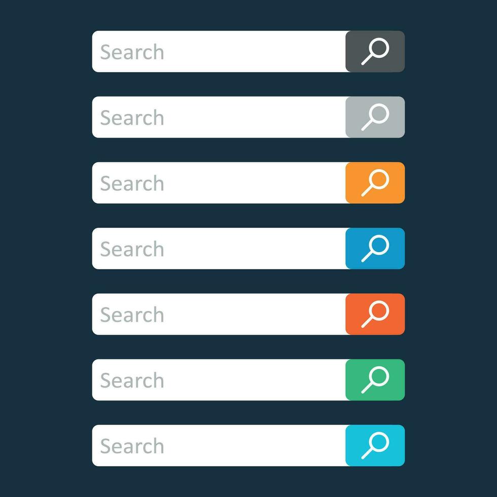 Search bar field. Set vector interface elements with search button. Flat vector illustration on dark blue background.