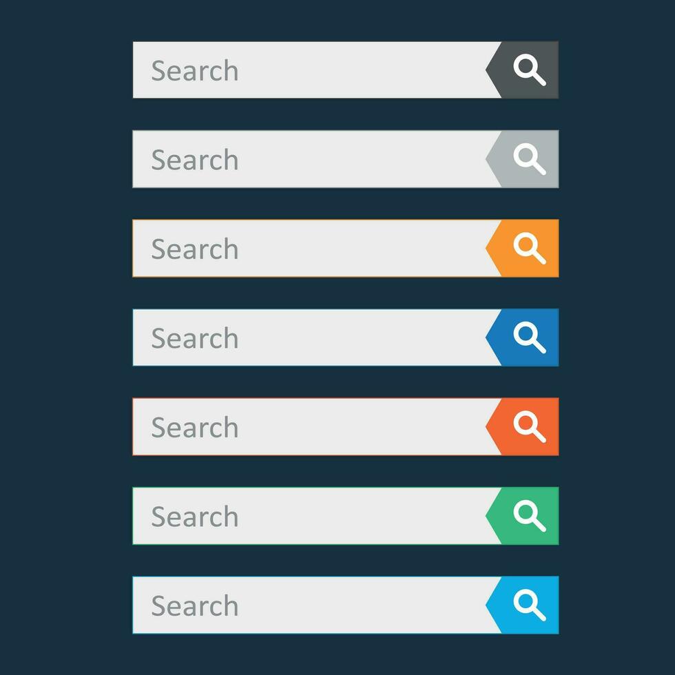 Search bar field. Set vector interface elements with search button. Flat vector illustration on dark blue background.