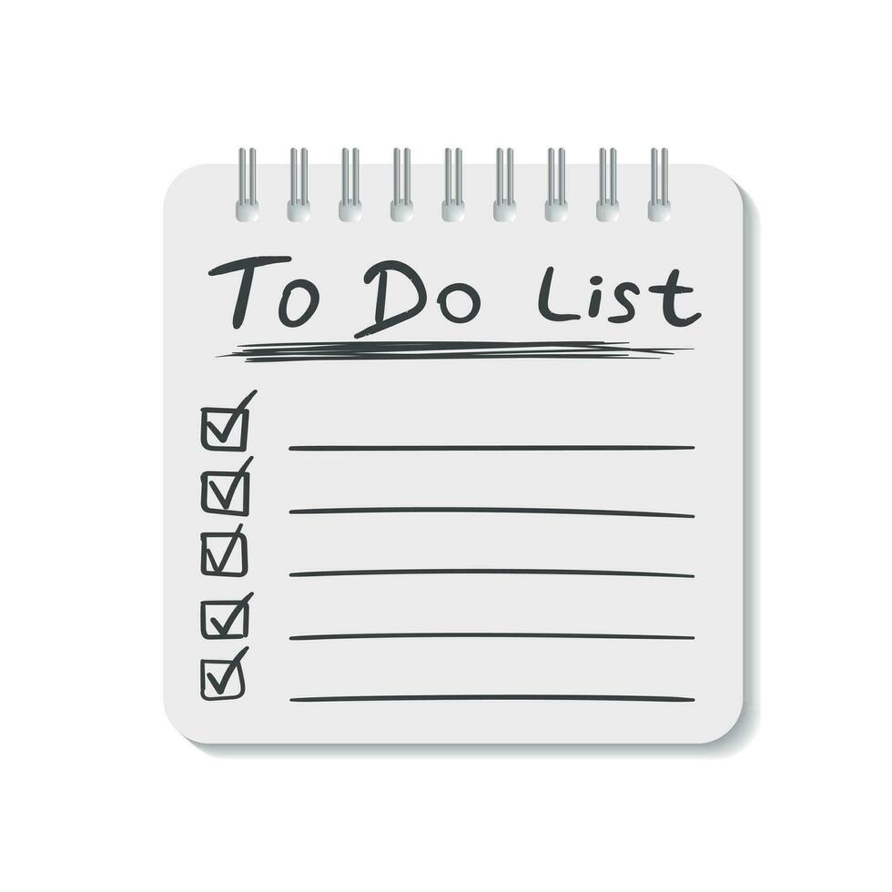 Realistic notepad with spiral. To do list icon with hand drawn text. School business diary. Office stationery notebook on isolated background vector