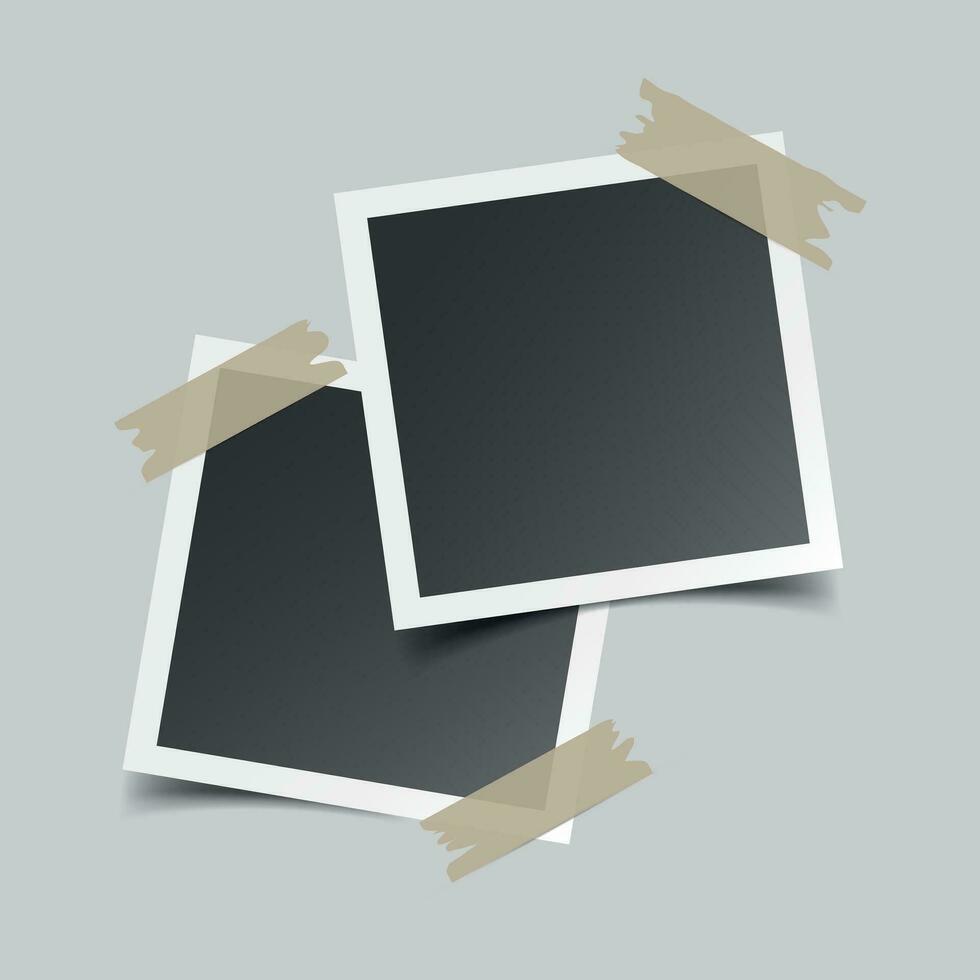 Photo frame with adhesive tape, isolated on grey background. For your photography and picture. Vector illustration
