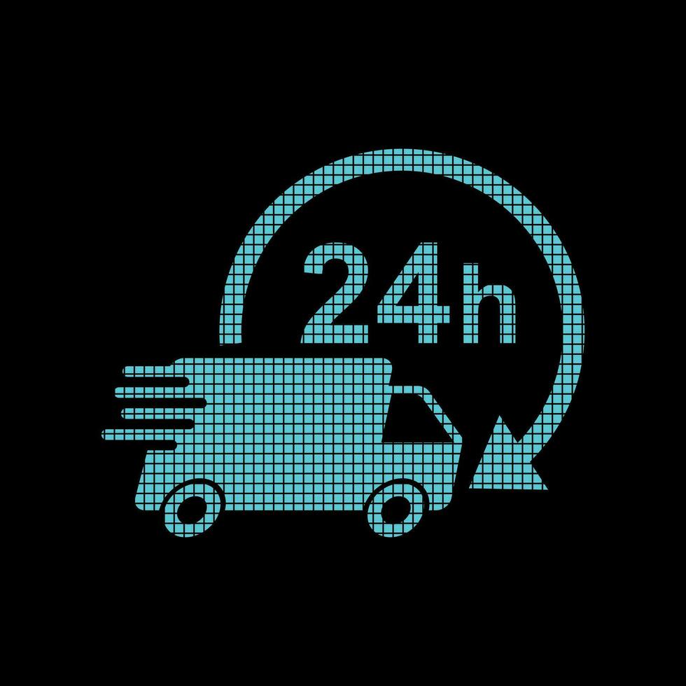 Delivery 24h truck with clock in pixel style logotype. 24 hours fast delivery service shipping vector illustration logo. Simple flat pictogram for business, marketing or mobile app