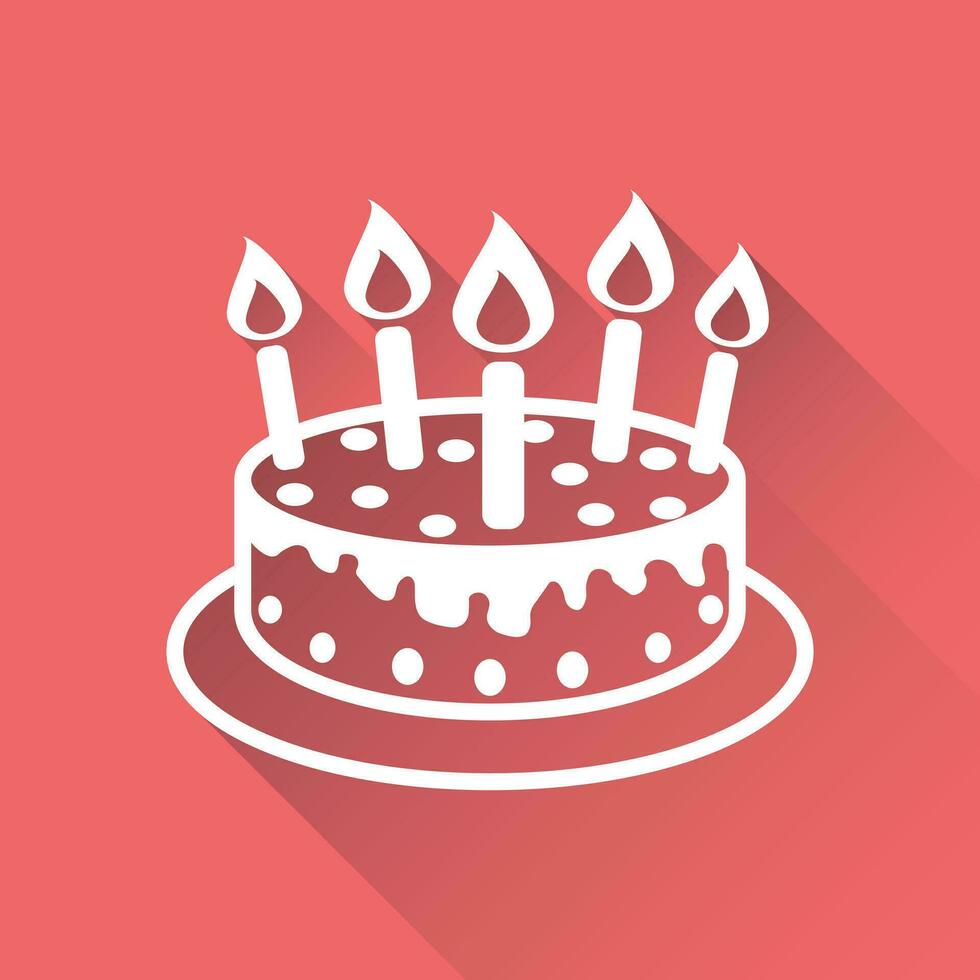 Cake with candle icon. Simple flat pictogram for business, marketing, internet concept on red background with long shadow. Trendy modern vector symbol for web site design or mobile app