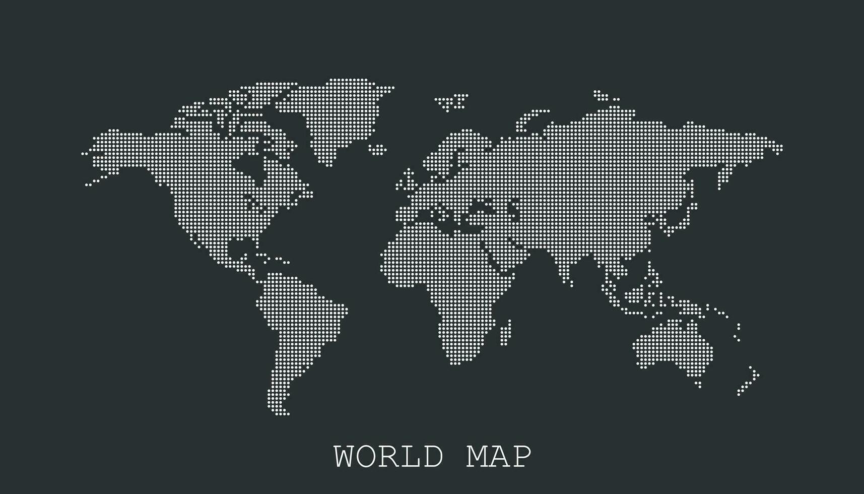 Dotted blank white world map isolated on black background. World map vector template for website, infographics, design. Flat earth world map with round dots illustration.