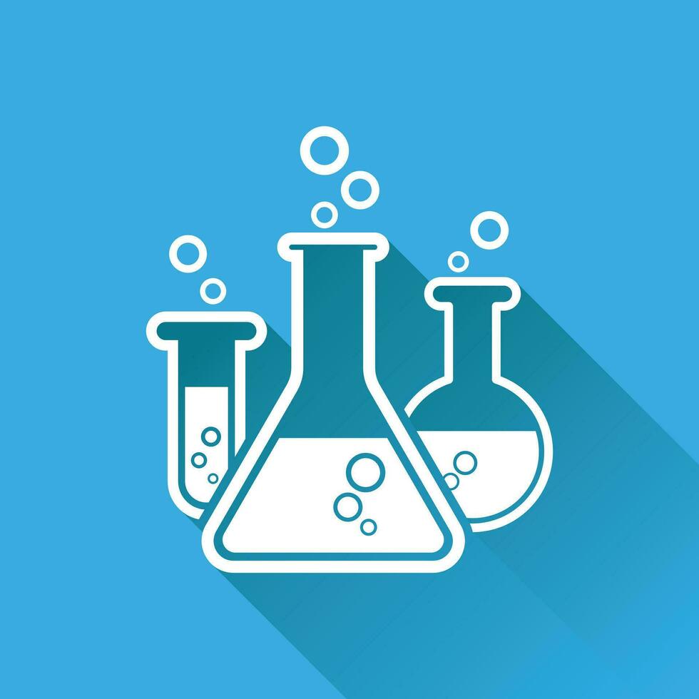 Chemical test tube pictogram icon. Laboratory glassware or beaker equipment isolated on blue background with long shadow. Experiment flasks. Trendy modern vector symbol. Simple flat illustration