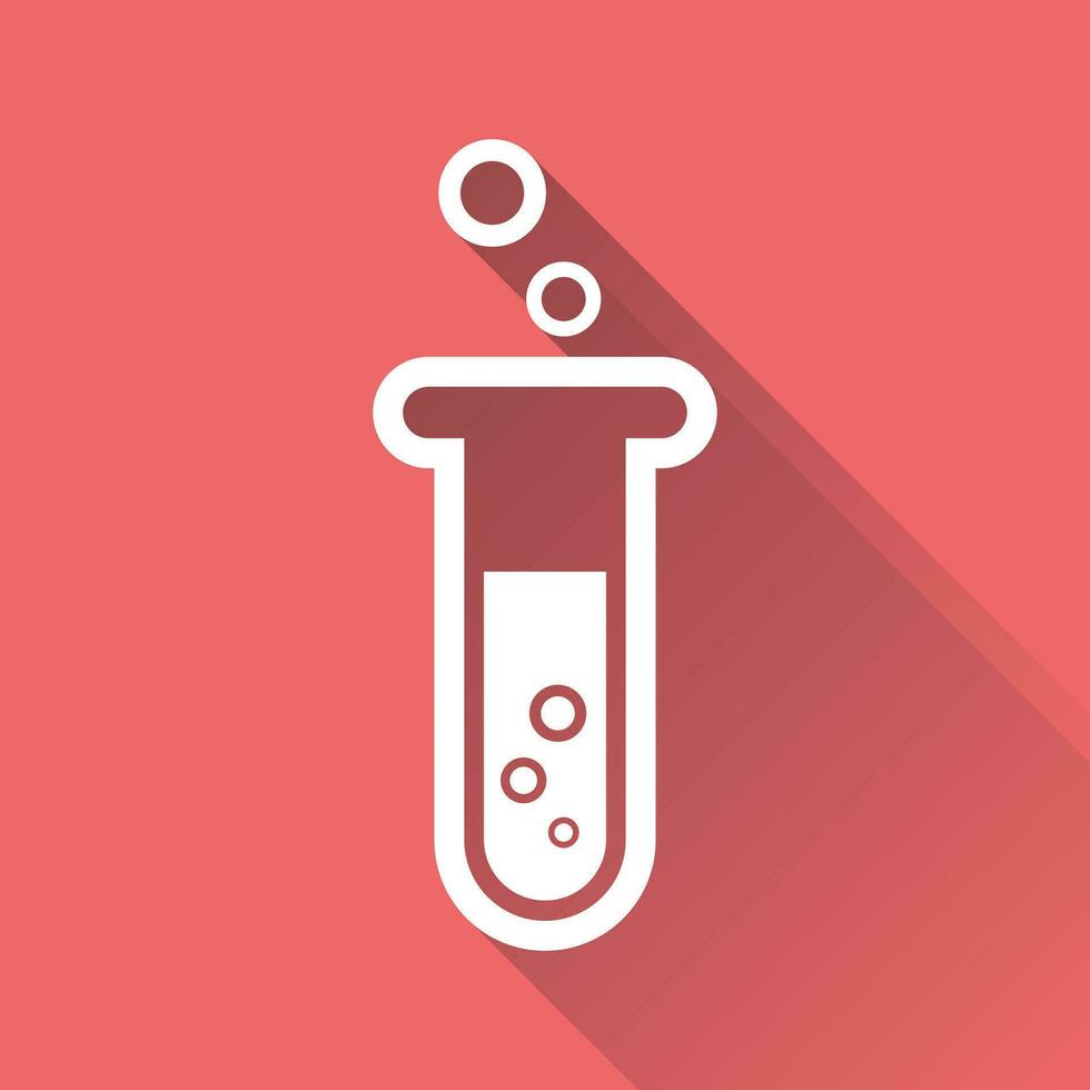 Chemical test tube pictogram icon. Laboratory glassware or beaker equipment isolated on red background with long shadow. Experiment flasks. Trendy modern vector symbol. Simple flat illustration