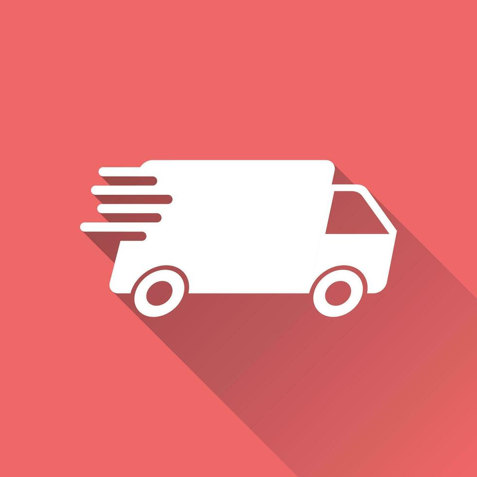 Delivery truck vector illustration. Fast delivery service shipping icon. Simple flat pictogram for business, marketing or mobile app internet concept on red background with long shadow.