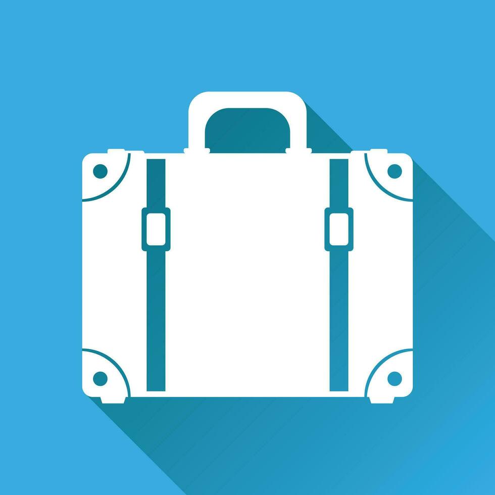 maleta plano vector ilustración en azul antecedentes con largo sombra. caso para turismo, viaje, viaje, recorrido, viaje, verano vacaciones.