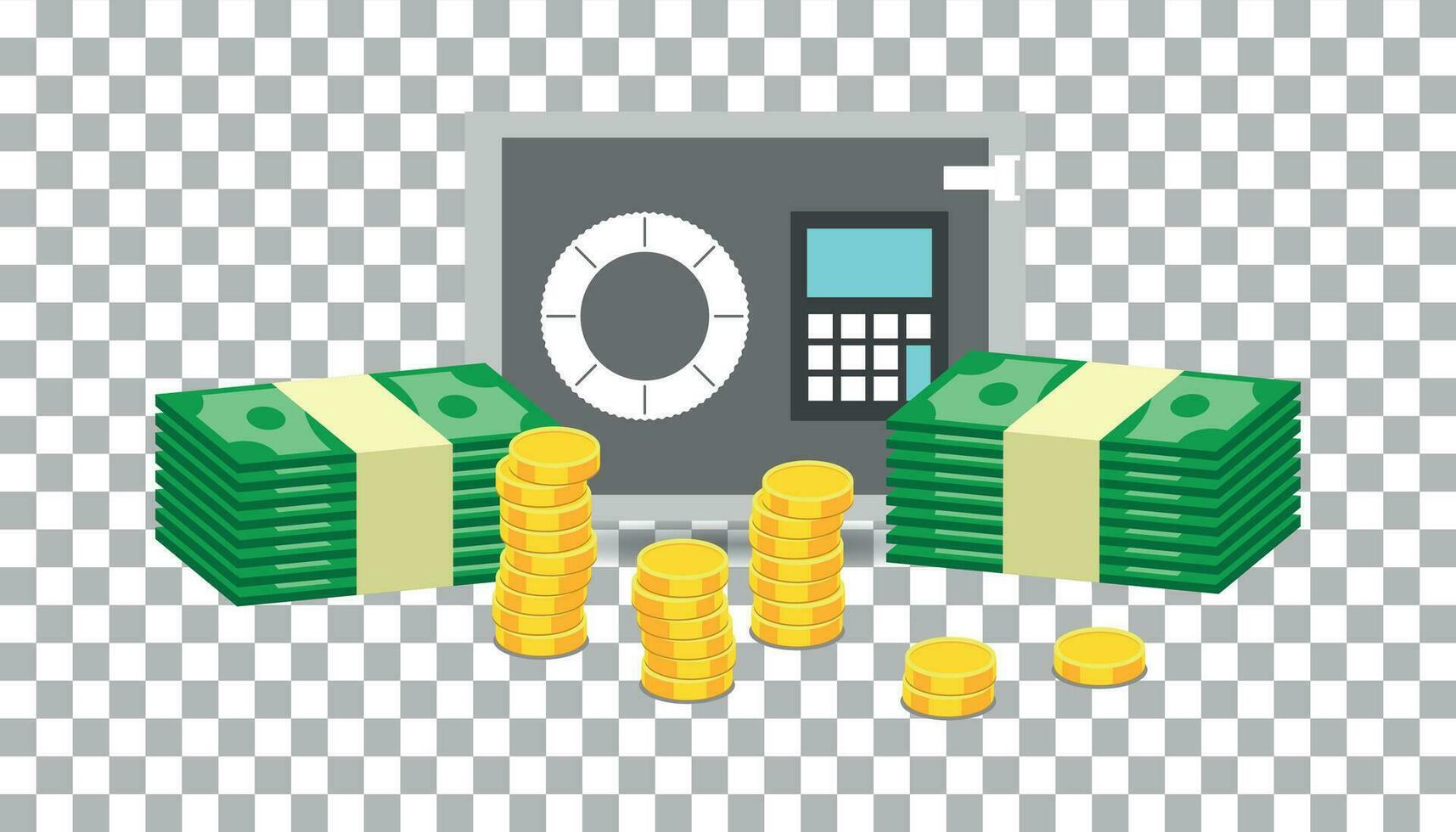 Closed small safe box and stacks of gold coins and stacks of dollar cash. Vector illustration in flat design on isolated background