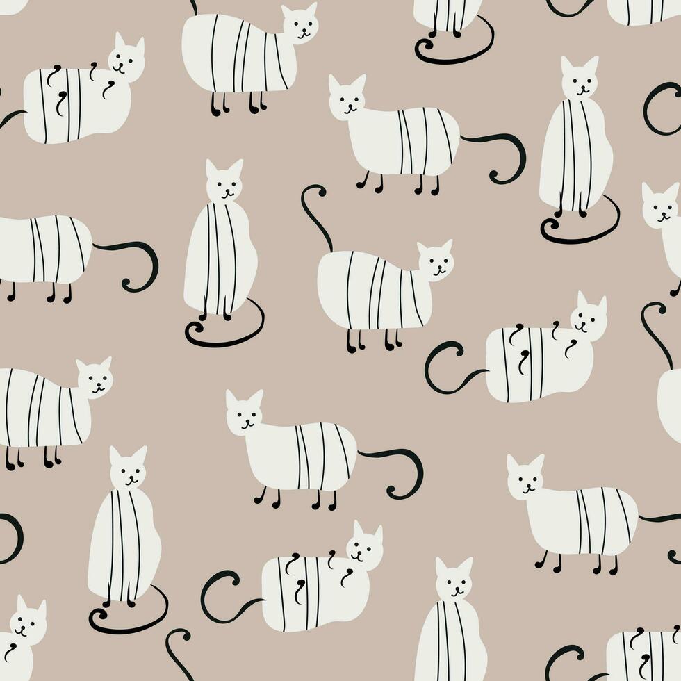 Stylish cats pattern.Hand draw cute cats in sketch style.Vector seamless pattern with cartoon kitten.For textiles, clothing, bed linen, office supplies. vector