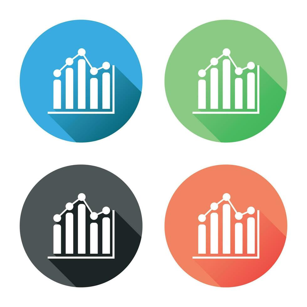 Chart graph icon with long shadow. Business flat vector illustration on blue, green, black and orange background.