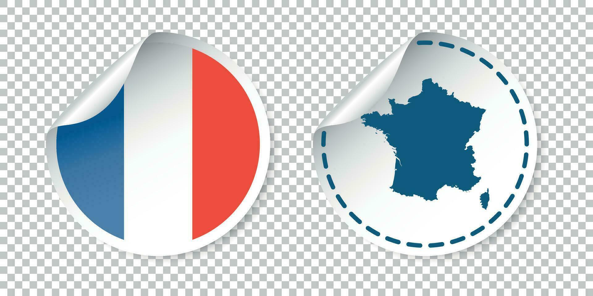 France sticker with flag and map. Label, round tag with country. Vector illustration on isolated background.