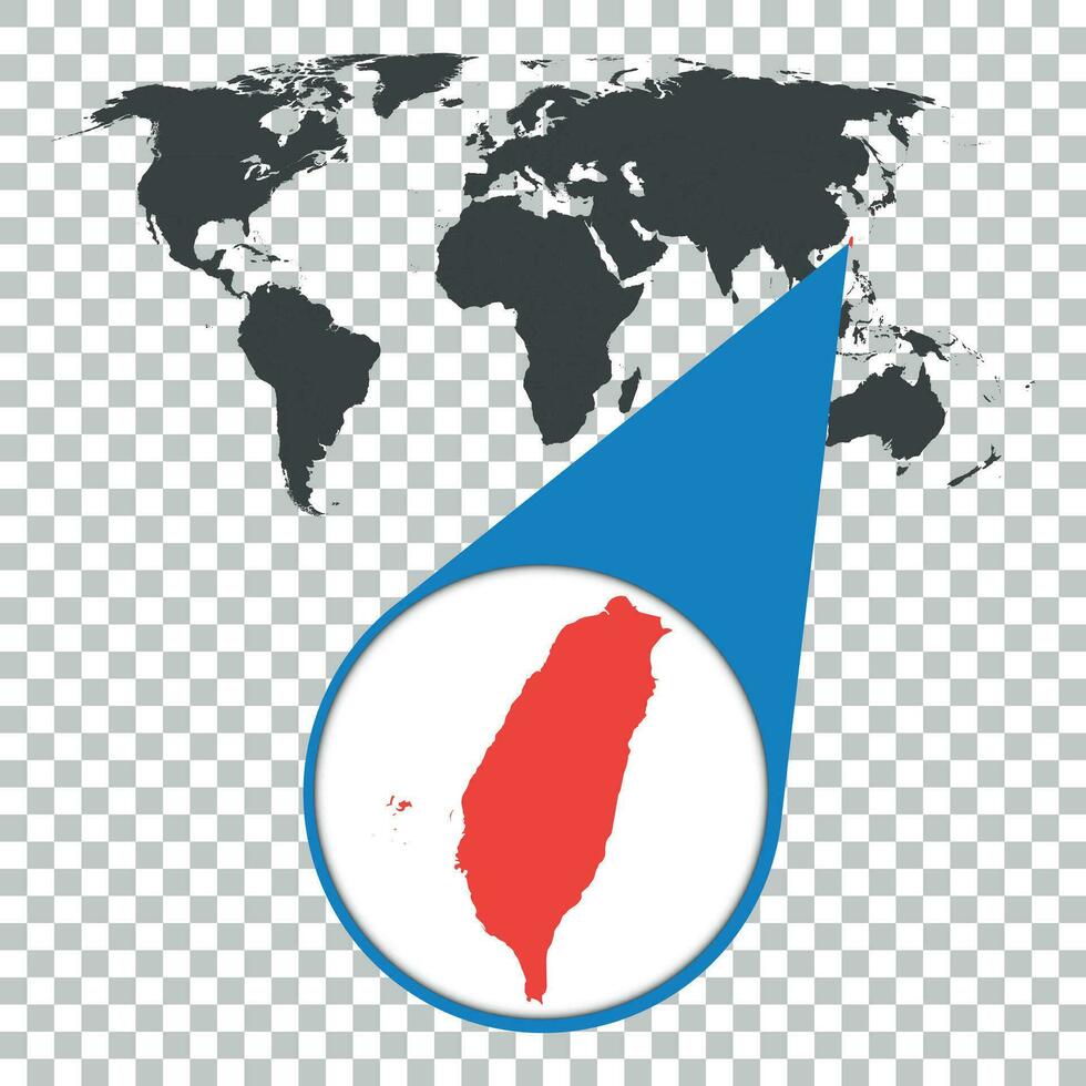 World map with zoom on Taiwan. Map in loupe. Vector illustration in flat style