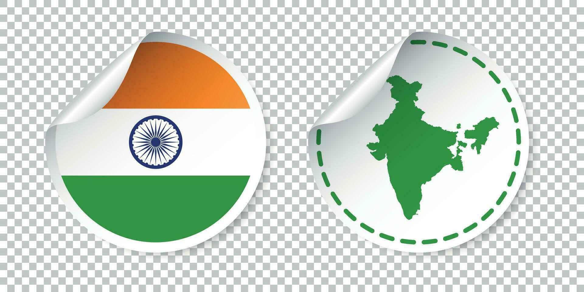 India sticker with flag and map. Label, round tag with country. Vector illustration on isolated background.