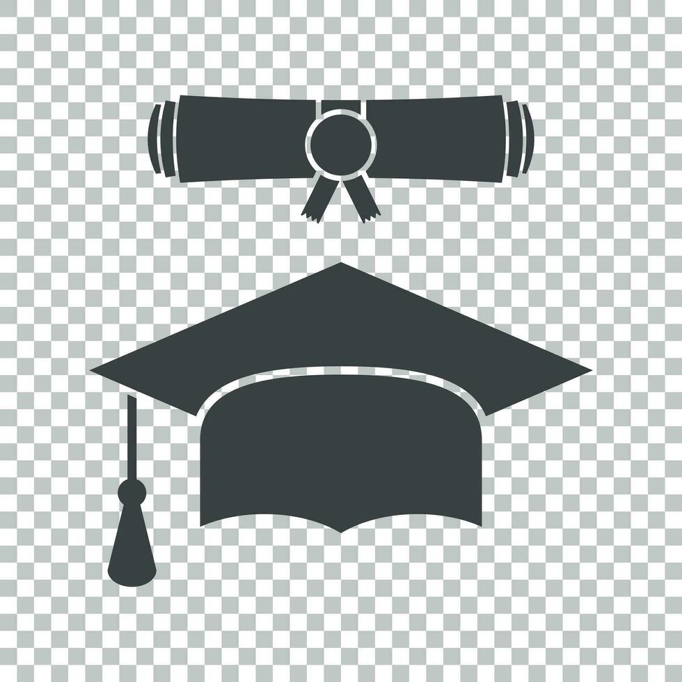 Graduation cap and diploma scroll icon vector illustration in flat style. Finish education symbol. Celebration element. Black graduation cap with diploma on isolated background.