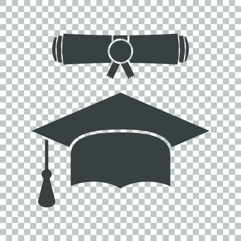 graduación gorra y diploma Desplazarse icono vector ilustración en plano estilo. terminar educación símbolo. celebracion elemento. negro graduación gorra con diploma en aislado antecedentes.