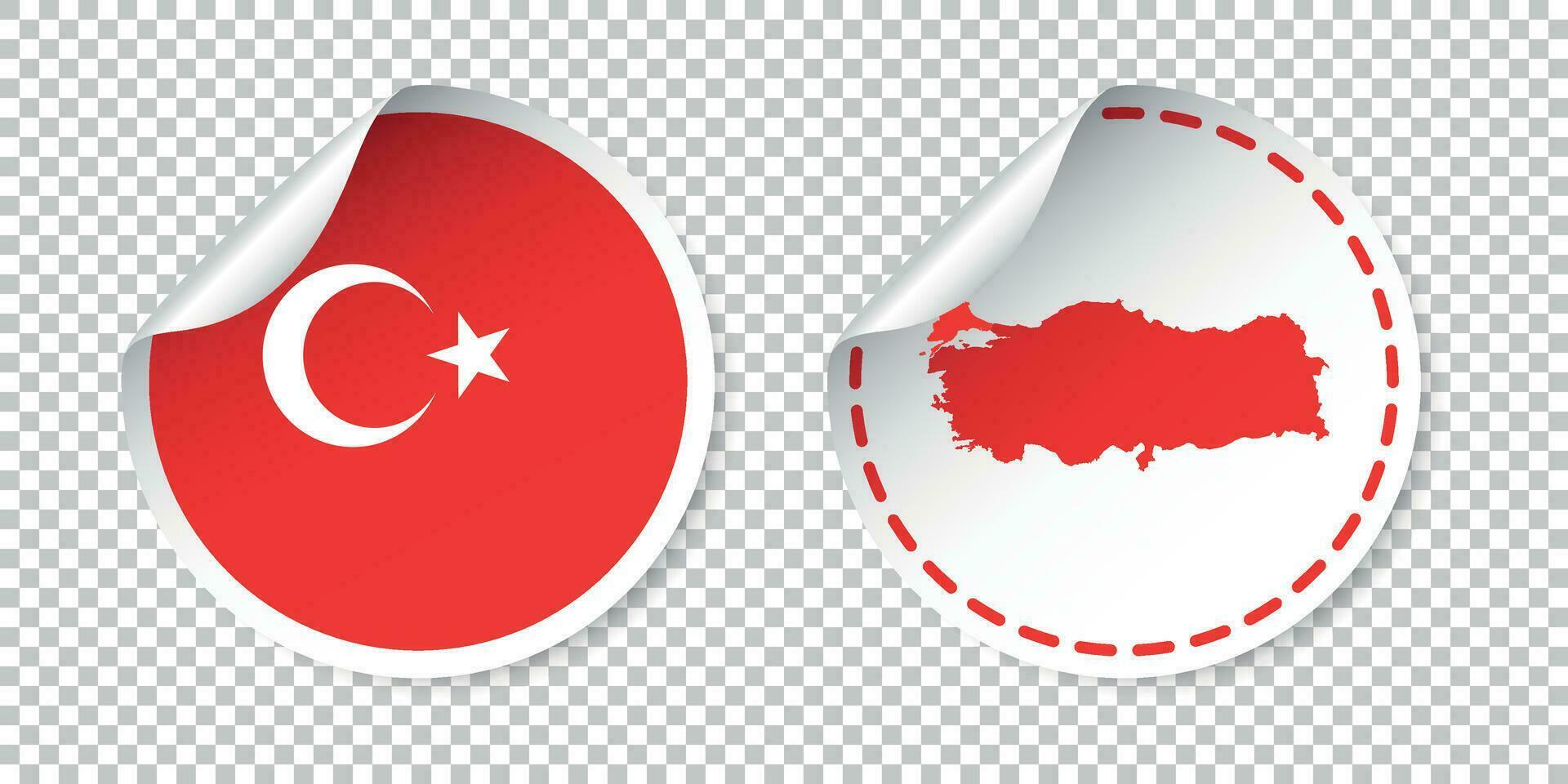 Turkey sticker with flag and map. Label, round tag with country. Vector illustration on isolated background.