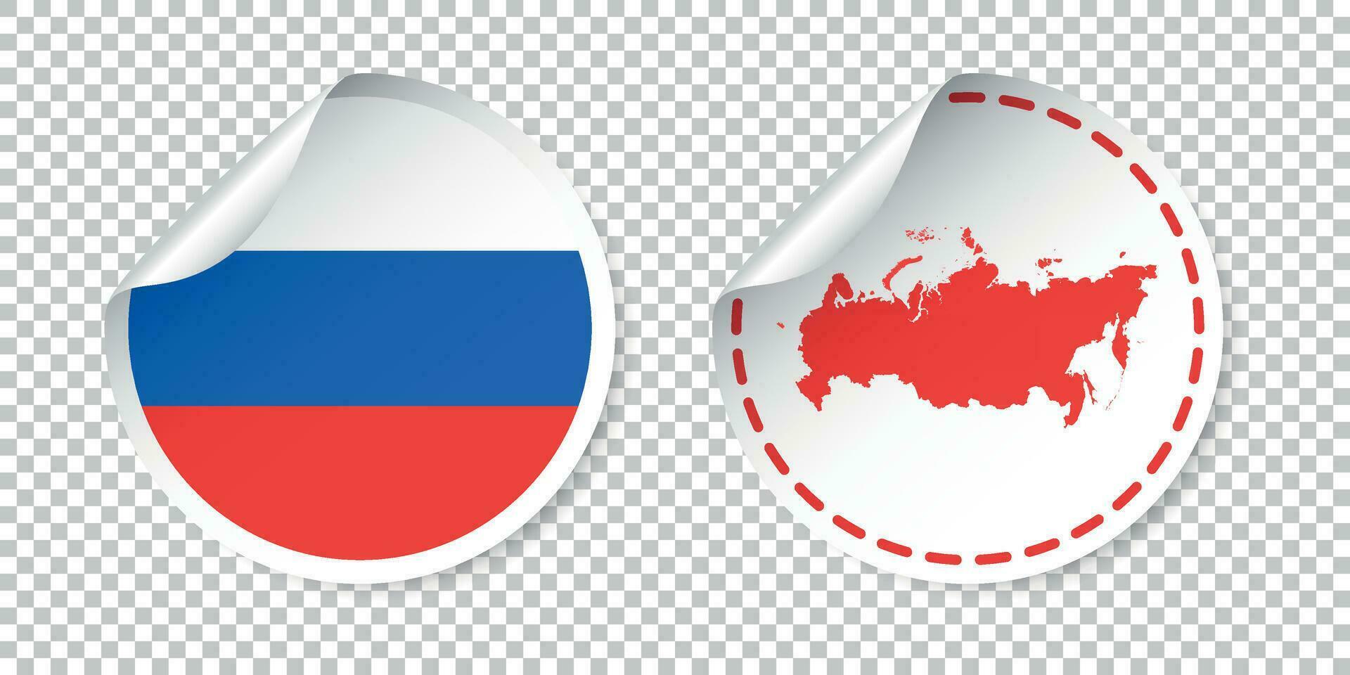 Russia sticker with flag and map. Russian Federation label, round tag with country. Vector illustration on isolated background.