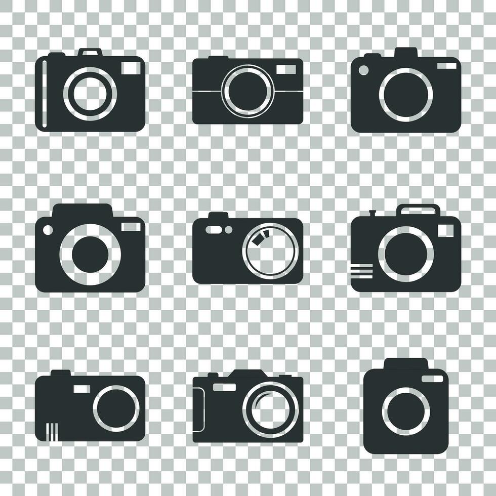Camera icon set on isolated background. Vector illustration in flat style with photography icons.