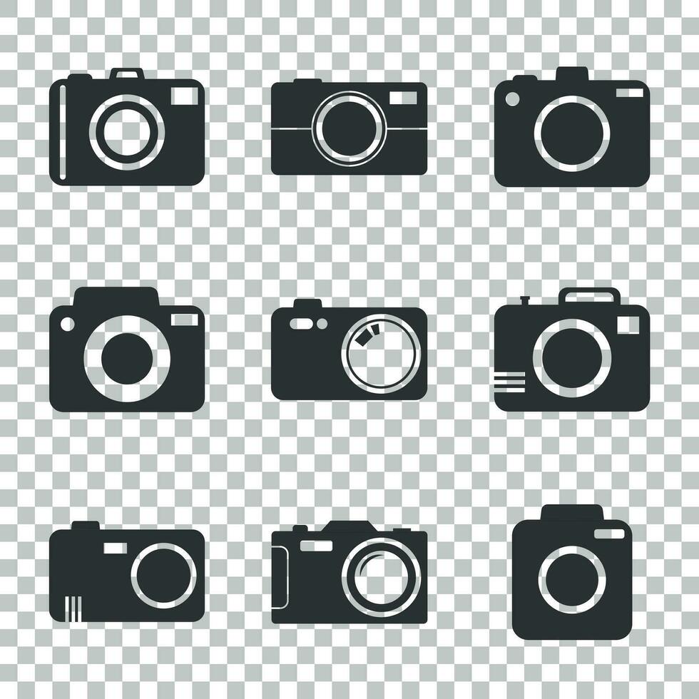 Camera icon set on isolated background. Vector illustration in flat style with photography icons.