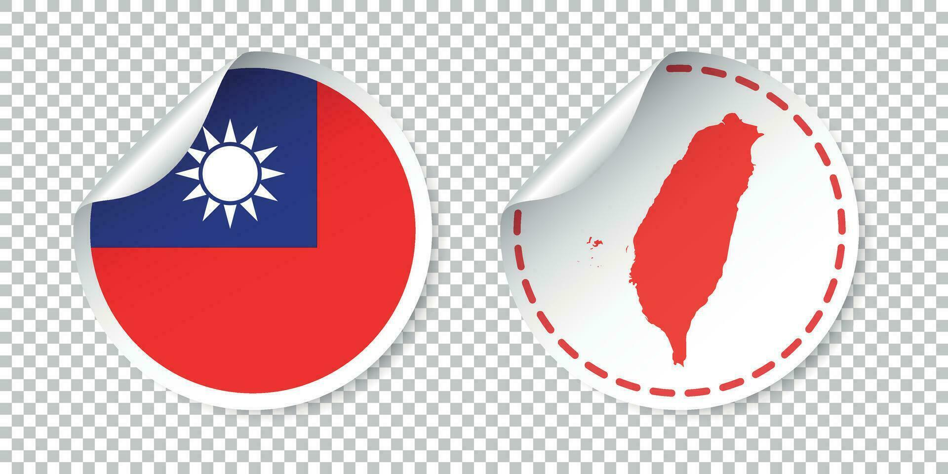 Taiwan sticker with flag and map. Label, round tag with country. Vector illustration on isolated background.