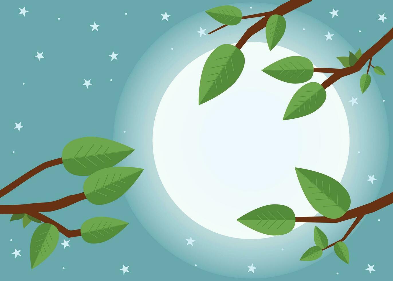 Cartoon sunset. Flat vector illustration, trees, leaf, moon and night.